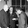 Vilém Nový (left), member of the Central Committee of the Czech Communist Party, talking to Ota Šik; 1 April 1968 (Source: Czech News Agency, Photo: Jiří Rublič)