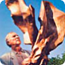 Sculptor Milan Knobloch standing by his work, 1996 (Source: Smiřice.cz)